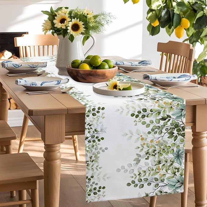 Sage Green Eucalyptus Cotton Linen Table Runner for Dining Kitchen,Farmhouse Leaves Botanical Floral Wedding Outdoor Party Tablerunners Decoration Dresser Scarf Coffee Tablecloth Runners 13x120 Inches