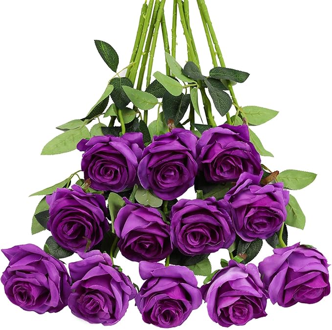 Tifuly Purple Roses Artificial Flowers - 12 pcs Realistic Single Long Stem Fake Silk Roses Bouquet for Party Home Wedding Centerpiece Office DIY Decor