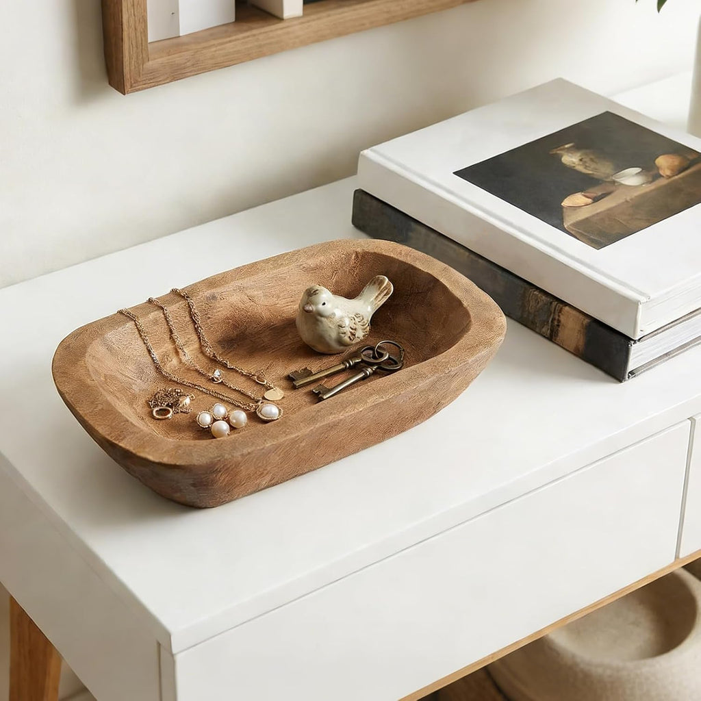 Fenteer Wooden Dough Bowl for Candle Making, Hand Carved Solid Wood Catchall Tray, Rustic Centerpiece for Kitchen Counter and Dining Table, 9.8x5.9 in