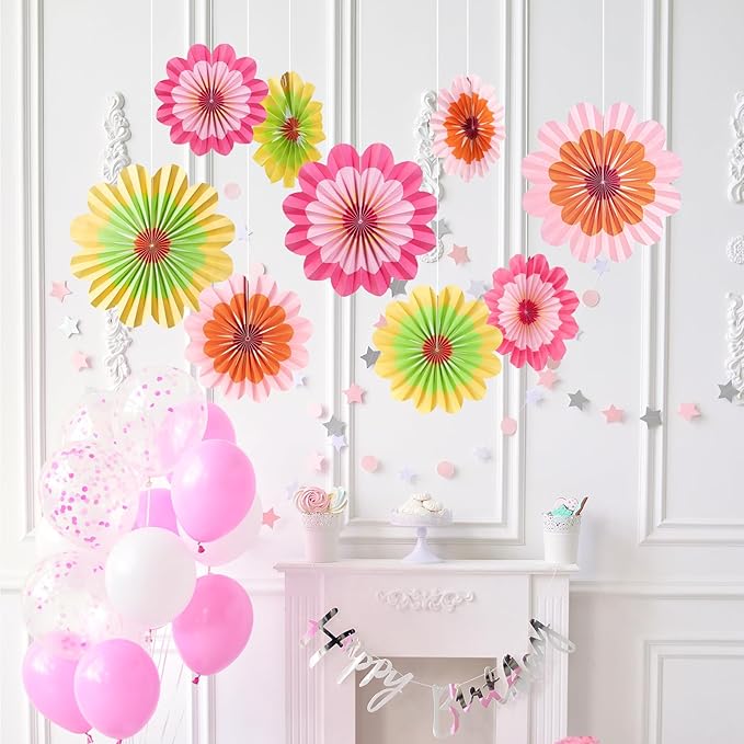 SUNBEAUTY 9 PCS Paper Flowers Decorations Hanging Carnival Paper Fans Decorations Flower Paper Fans Paper Floral Backdrop Spring Decorations