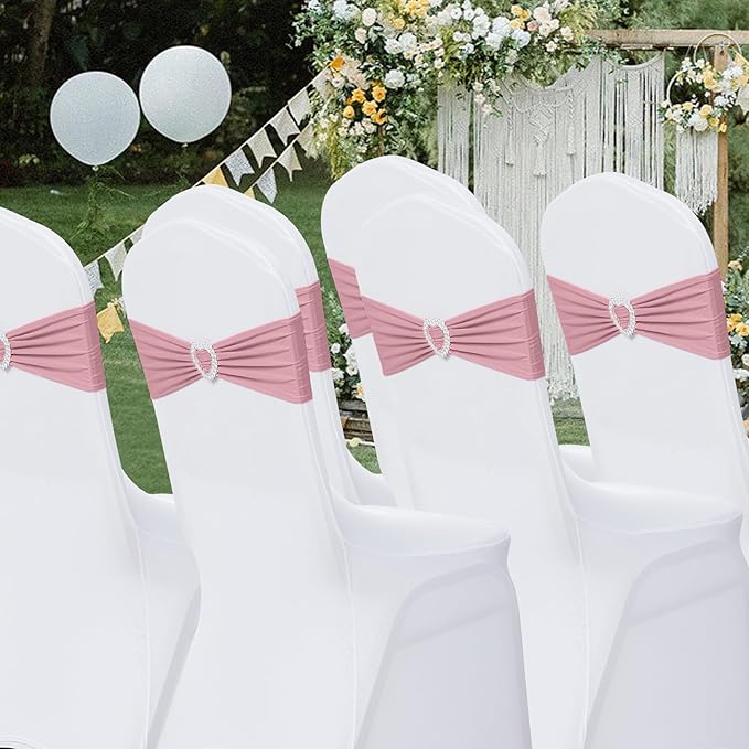 Howhic Pack of 120 Spandex Chair Sashes Bows Stretch Chair Cover Band with Buckle Slider Universal Elastic Chair Ties for Wedding Banquet Party Event Decoration (Dusty Pink)