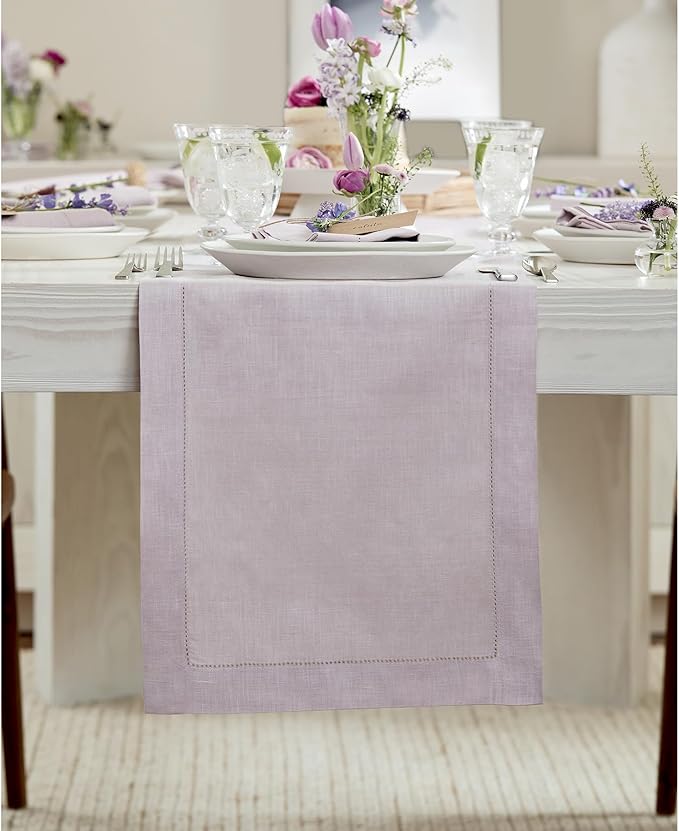 Solino Home Linen Lilac Table Runner 144 Inches Long - 100% Pure Linen Extra Long Table Runner 14 x 144 Inch for Fall, Autumn, Thanksgiving, Christmas - Classic Hemstitch