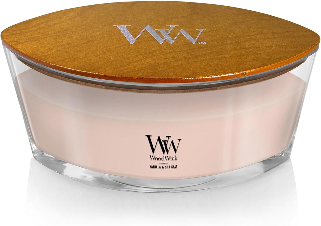 WoodWick Ellipse Scented Candle Vanilla & Sea Salt Scent Crackles as it Burns Up to 50 hours Burn Time Premium Soy blend Perfect for gifting 16oz
