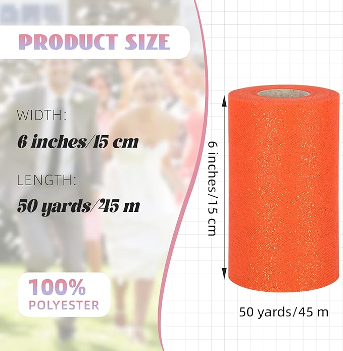 Glitter Tulle Rolls 6” by 50 Yards Sparkle Tulles Fabric Ribbon Sequin Tulle Netting Rolls for DIY Tutu Skirt Wedding Birthday Party Decoration (Orange)