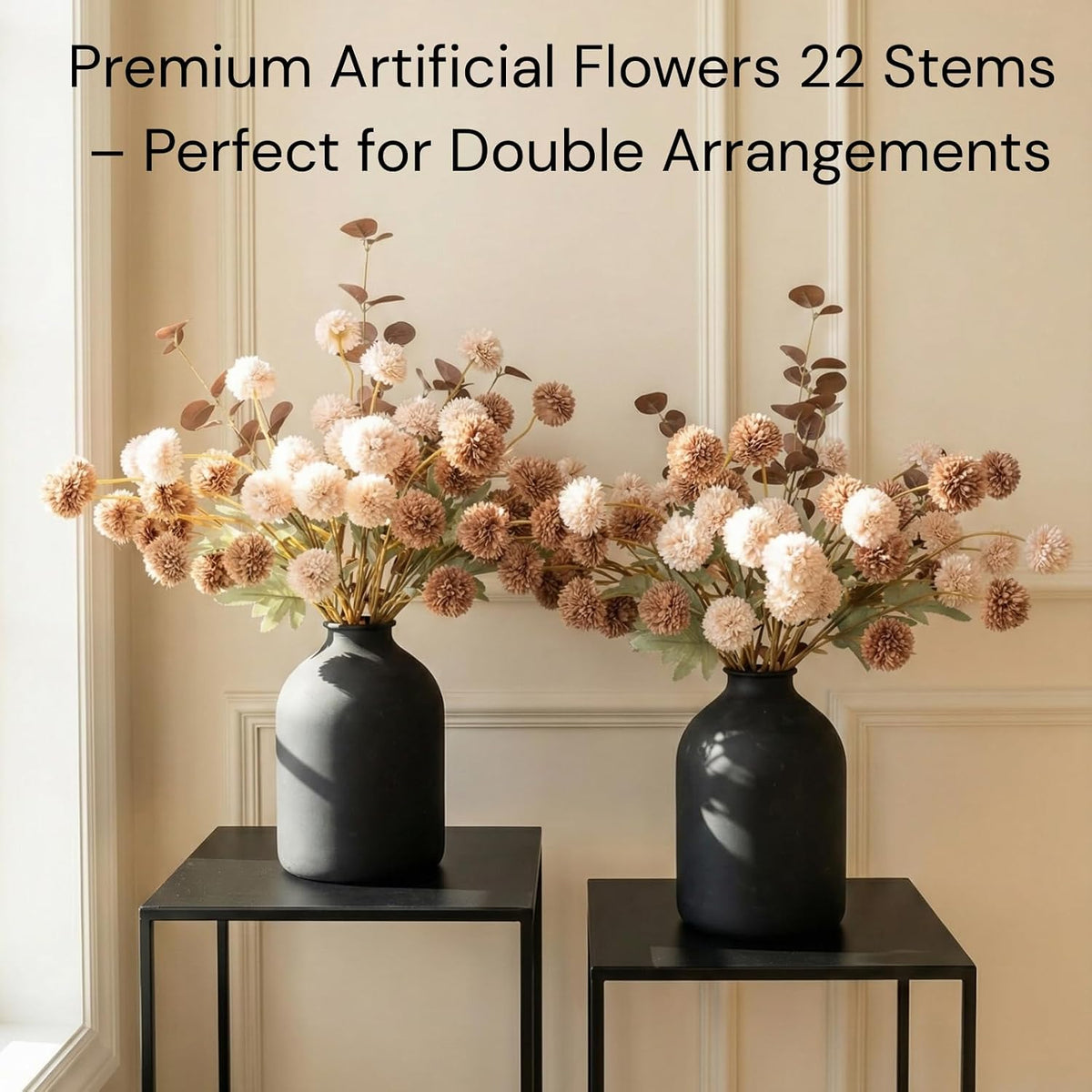 artificial beige & brown kiku flowers with eucalyptus shown in use