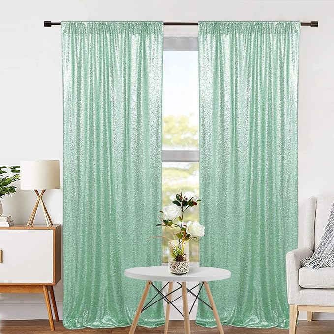 Eternal Beauty Sequin Backdrop Curtains, 2x8 Ft-2 Panels Mint Green Back Drop for Shimmer Photography Party Wedding Birthday Decor