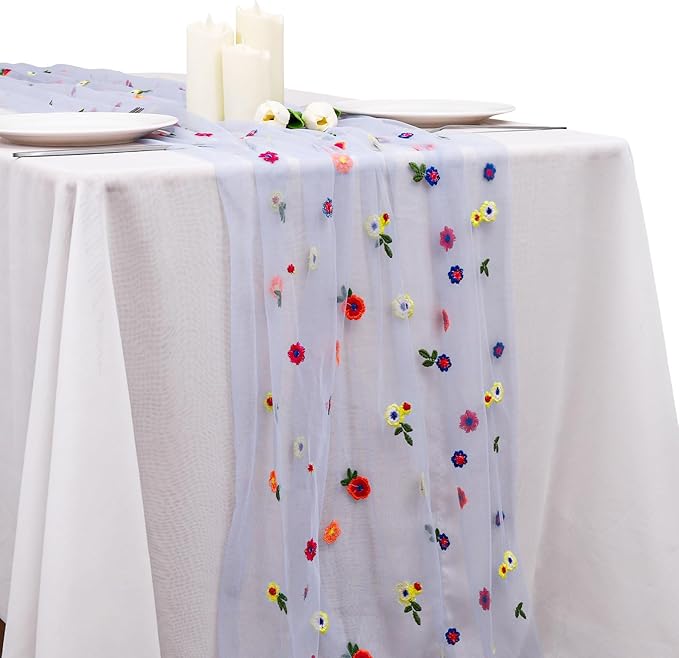 BINBE 1pcs Daisy Fall Table Runner Embroidery Gauze 10FT Florals Seasonal Tulle Holiday Birthday Kitchen Dining Table Decor for Home Party Blue