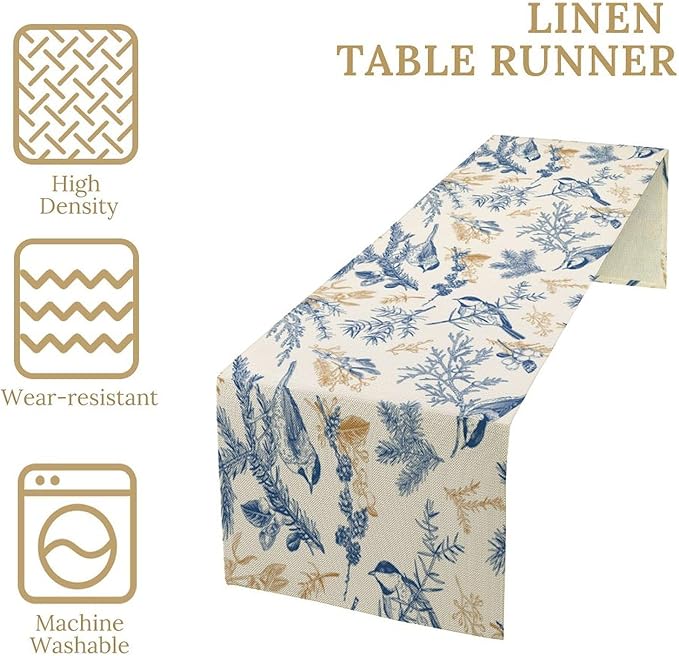 Chinoiserie Flowers Table Runner, Seasonal Spring Fall Plants Blue Florals Birds Dinner Runner for Home Kitchen Dining Table Party Holiday Decoration 13"x70"