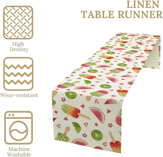 Summer Popsicles Table Runner, Colorful Watercolor Ice Cream Loves Heart Seasonal Dinner Runner for Party Holiday Home Kitchen Dining Table Decor 13"x120"