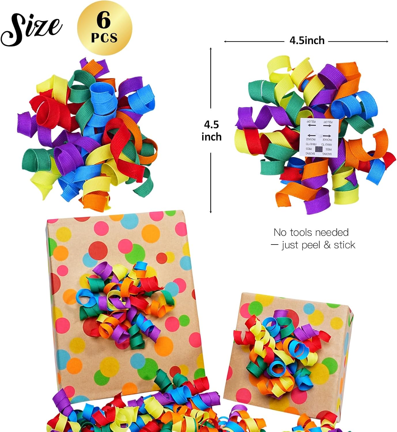 LaRibbon Rainbow Bows - Curly Ribbon Gift Bows, Self Adhesive for Birthday Party, Holiday Party Favors, Gift Wrapping - 6 Counts