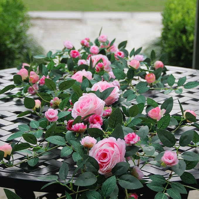 6FT Pink Flower Garland Artificial Rose Vines Hanging Floral Garland for Home Decor Wall Trellis Fence Wall Decoration (Pink, 1pcs)