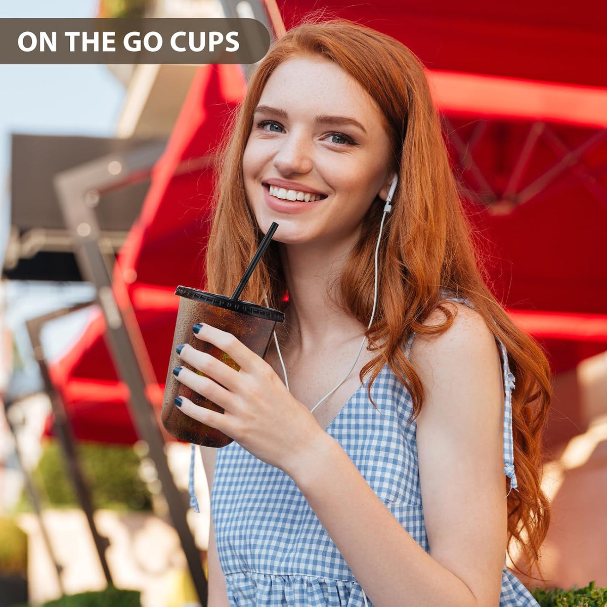 tchrules 150 Set 16oz Black Plastic Disposable Cups with Lids and Straws
