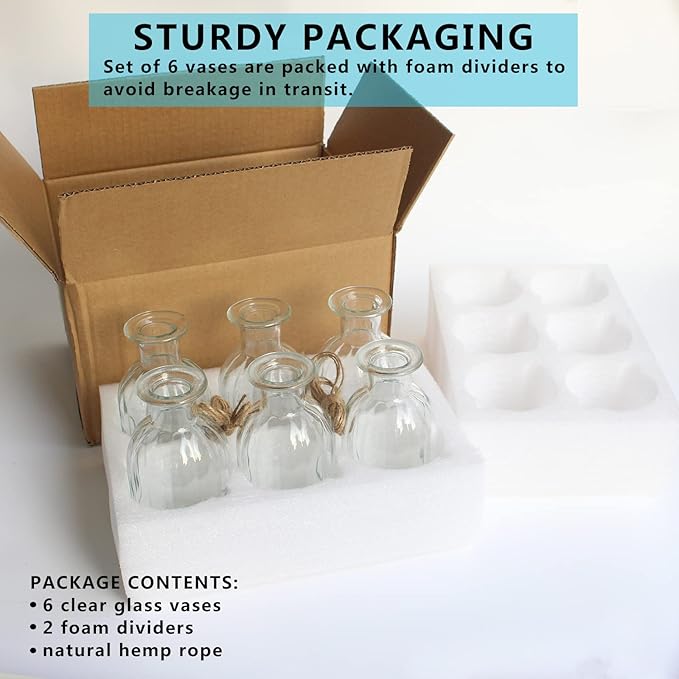 Bud Vases Set of 6 Small Glass Vase for Flowers, Clear Vase Set for Wedding Decor, Home Decorative Vases for Table Shelf, Mini Bud Vases in Bulk 2.85"X 5.4"