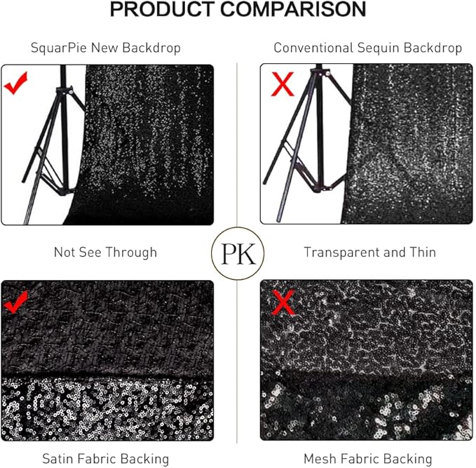 SquarePie Sequin Backdrop Less See Through Thick Background Glitter Curtain for Halloween Party 6FT x 6FT Black