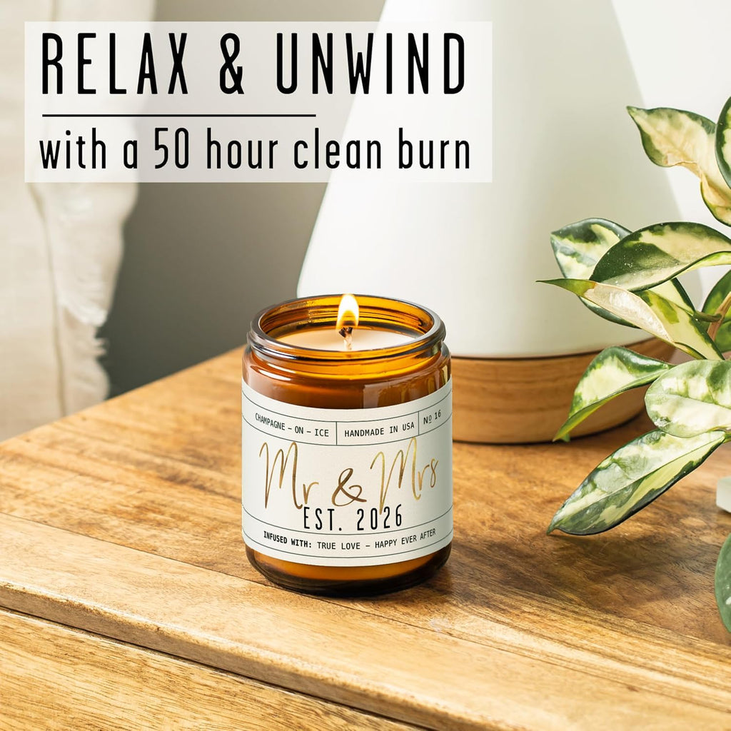 Wedding Gifts for Couples 2026, Bridal Shower Gifts from Bride - 'Mr and Mrs Est. 2026 Candle, w/Champagne on Ice I Wedding Shower for Newlyweds I 50Hr Burn, USA Made