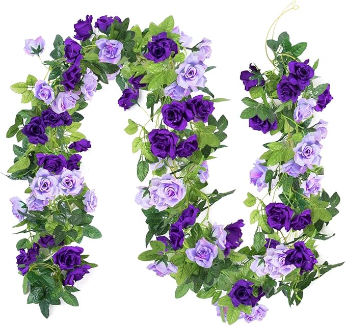 Kisflower 3Pack Artificial Rose Flower Garland, 23.7FT Fake Vines Silk Flowers Hanging Rose Ivy for Wedding Arch Decorations Room Party Home Garden Hotel Office Wall Decor (Purple)