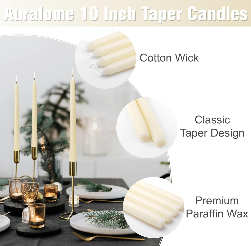 10-Inch Ivory Taper Candles - Dripless Smokeless Tapered Candle Cream Unscented Candlesticks Paraffin Wax Long Slow Burning Tall Candle Sticks for Dinner Business Wedding Restaurants 12 Pack