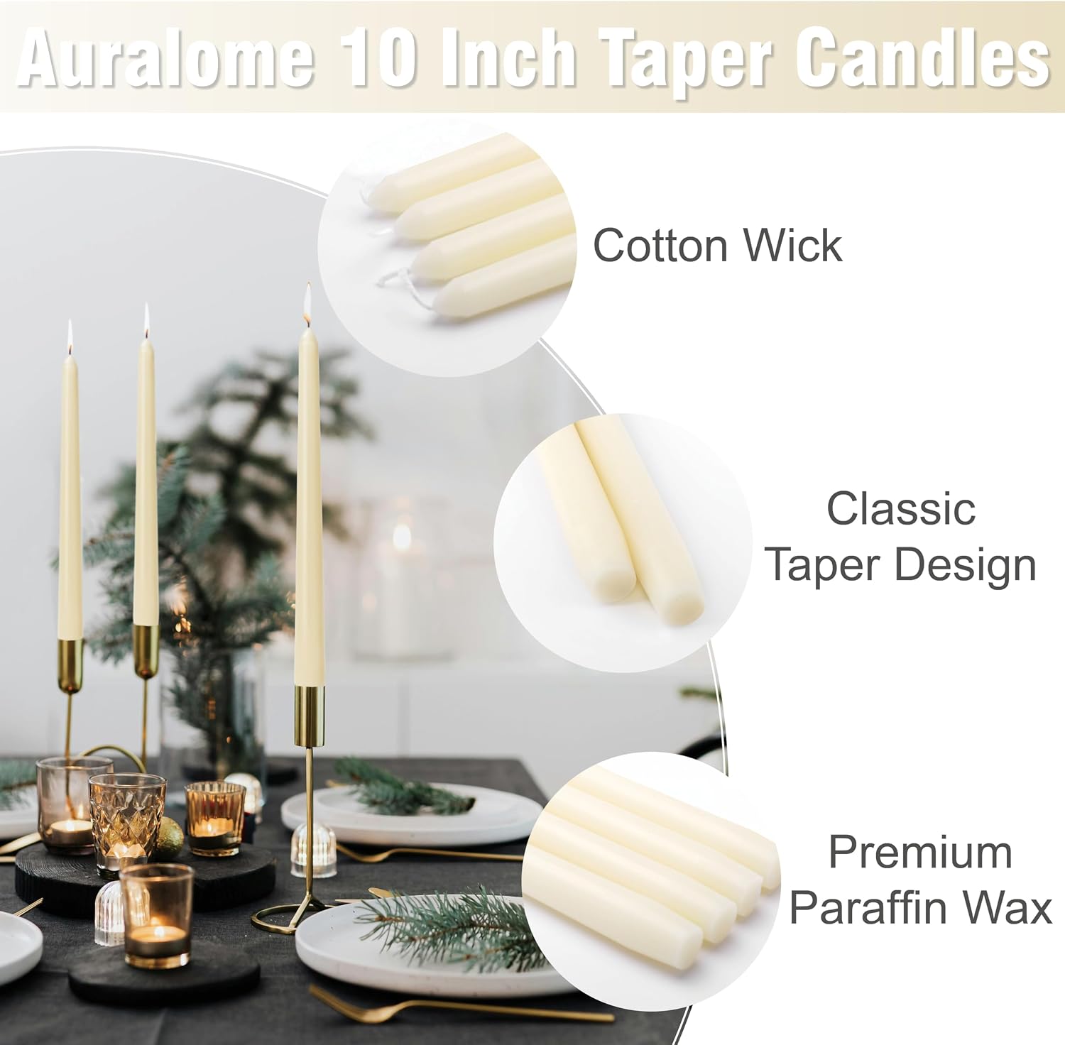 10-Inch Ivory Taper Candles - Dripless Smokeless Tapered Candle Cream Unscented Candlesticks Paraffin Wax Long Slow Burning Tall Candle Sticks for Dinner Business Wedding Restaurants 12 Pack