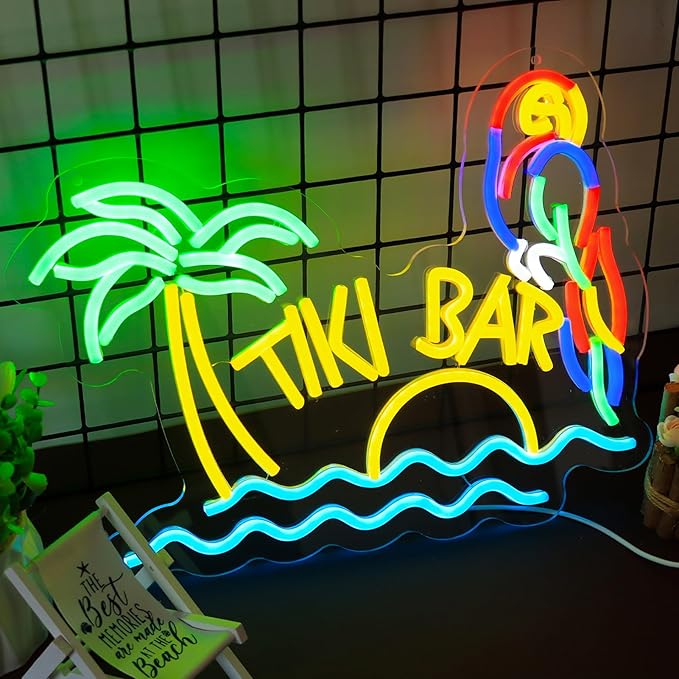 LED Neon Tiki Bar Signs Dimmable Beach Theme Wall Decor Hawaii Pool Bar Party Gift for Boys Girls-16 x 12.2 IN-USB Powered-Acrylic