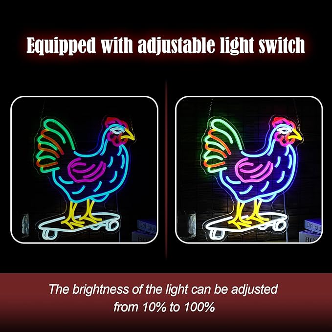 Dimmable Chicken Neon Sign for Wall Decor Funny Skateboarding Rooster LED Neon Light USB Powered Light Up Animal Sign for Bedroom Birthday Party Kids Gifts(16.5 * 13In）