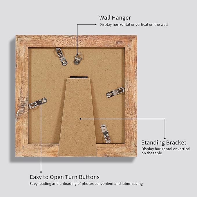 6x6 Picture Frame Set of 4 with Real Glass, Rustic Brown Frames Display 4x4 Picture with Mat or 6 x 6 Without Mat, Square Wood Photo Frame for Wall Mount and Tabletop Display