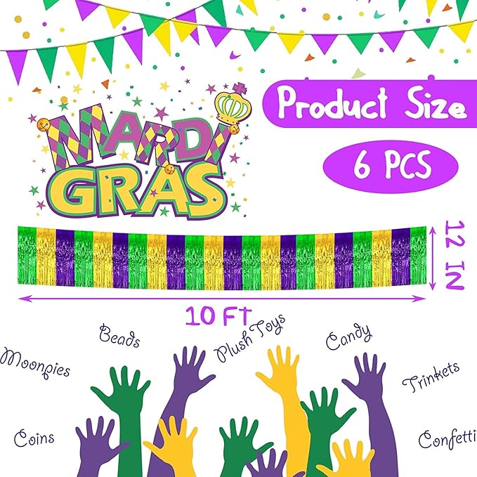 6 Pack 10 Feet Mardi Gras Foil Fringe Garland Metallic Tinsel Streamers Banner Wall Hanging Backdrop Banner for Parade Floats, Valentine's Day, Wedding, Birthday Party Decorations Gold Green Purple