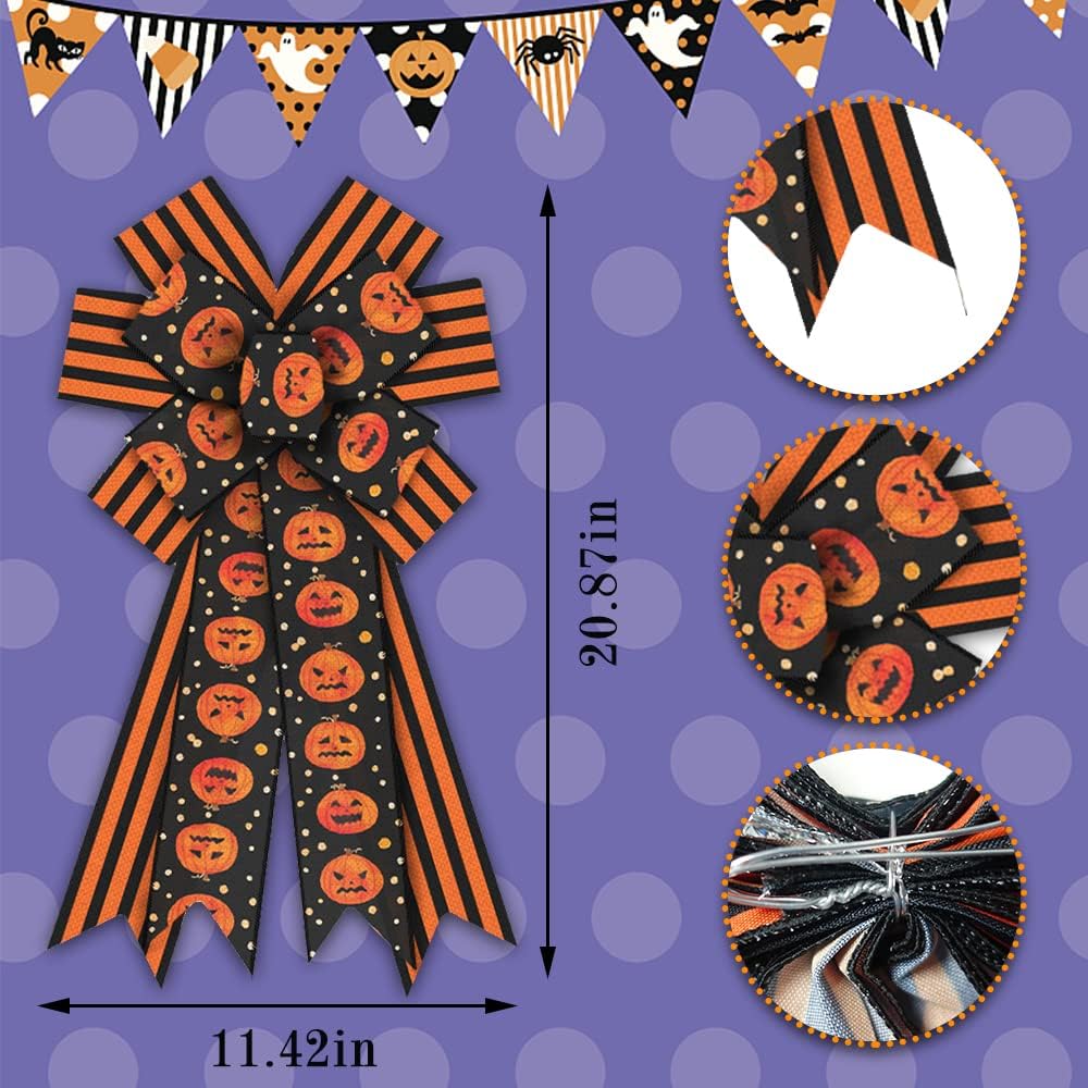 Large Halloween Wreath Bows Halloween Bows Orange Strips Pumpkins Spots Burlap Bows for Wreaths, Halloween Ribbon Bows Tree Topper Bows for Home Indoor Outdoor Decoration Wreath Ornament Supplies