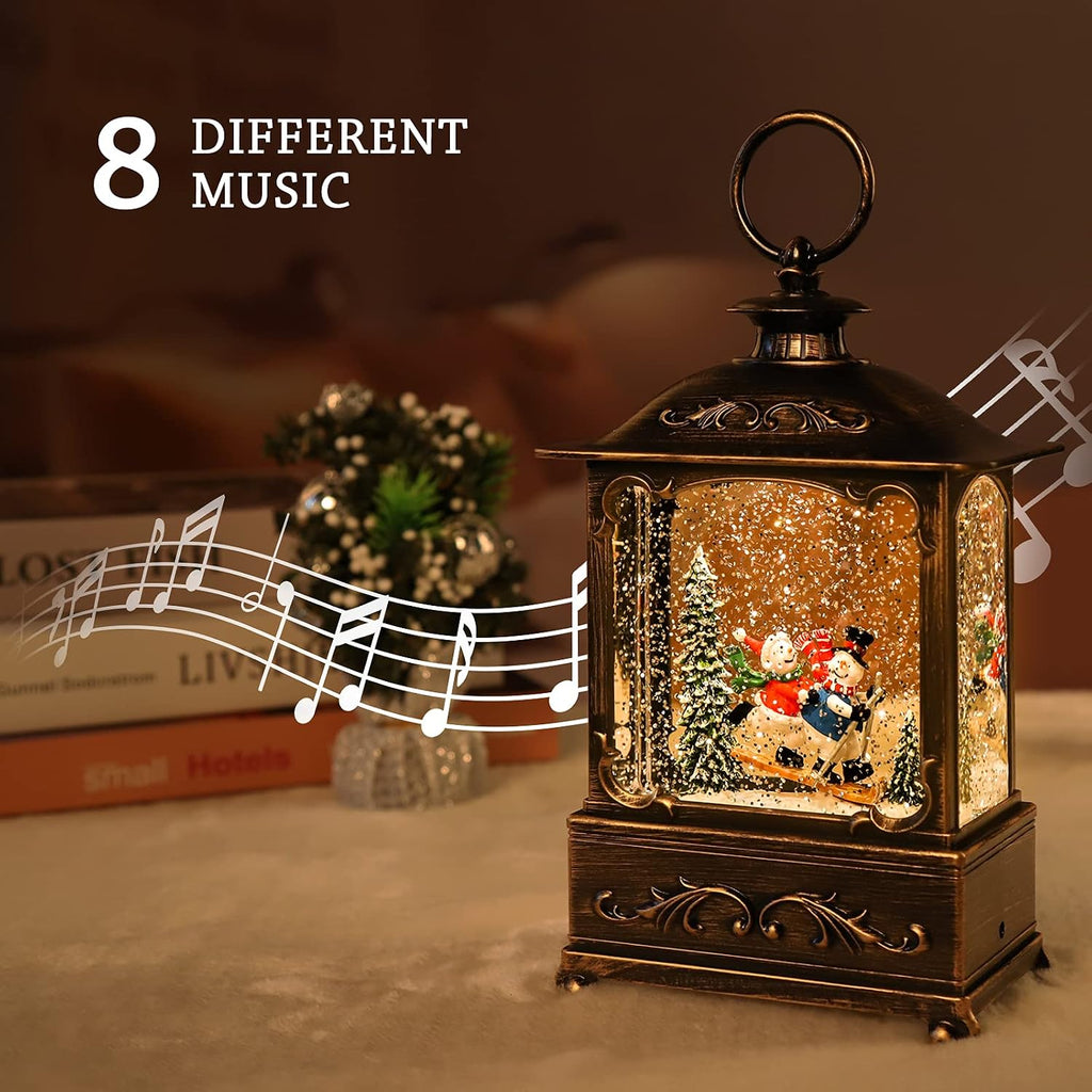 Christmas Snow Globe Lantern Christmas Decorations Water Glittering Lanterns with Music & Timer, USB Lined/Battery Operated Lighted Lantern for Christmas Festival Decoration Gifts (Skiing Snowman)
