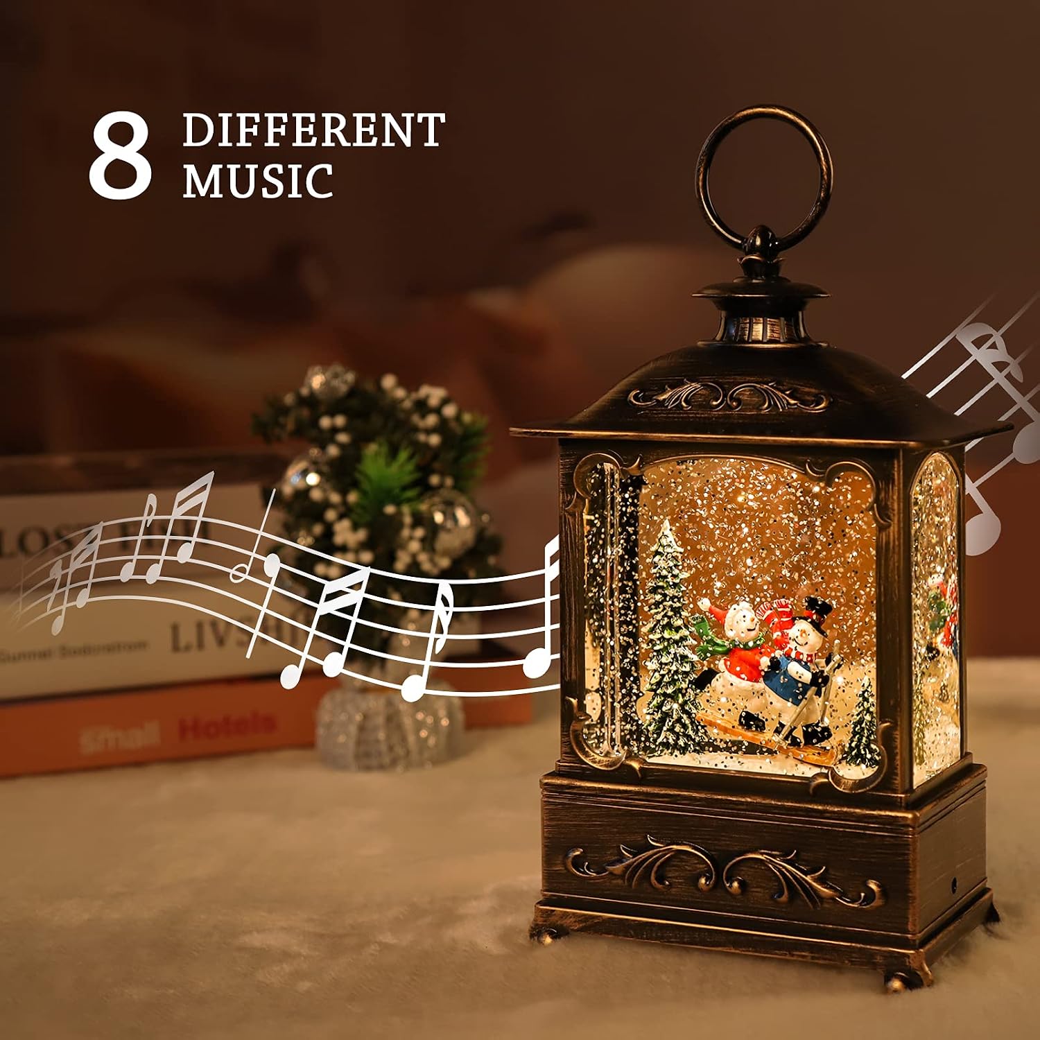 Christmas Snow Globe Lantern Christmas Decorations Water Glittering Lanterns with Music & Timer, USB Lined/Battery Operated Lighted Lantern for Christmas Festival Decoration Gifts (Skiing Snowman)
