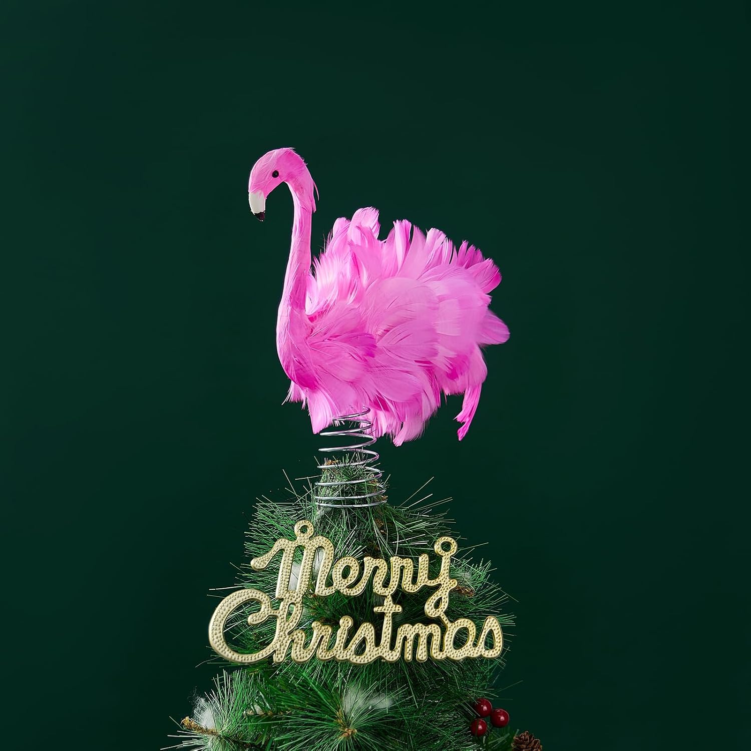 Pink Flamingo Christmas Tree Topper, Flamingo Tree Toppers with Fluffy Artificial Feathers, Christmas Home Holiday Ornament (Pink, 9.8" * 9.1" * 5")