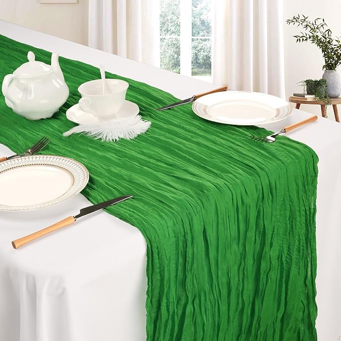12 Pack Green Cheesecloth Table Runner 10ft Boho Gauze Fabric Cheese Cloth Table Runner 35 x 120 Inch Rustic Sheer Runner for Romantic Wedding Decor Baby Shower Party Table Centerpiece Decoration