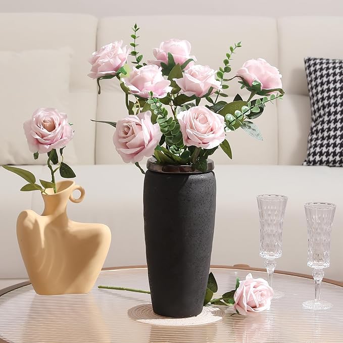 Tifuly Champagne Pink Roses Artificial Flowers - 12 Pcs Long Stem Silk Roses, Realistic Fake Roses with Stems for Bridal Bouquets, Home and Office DIY Decor