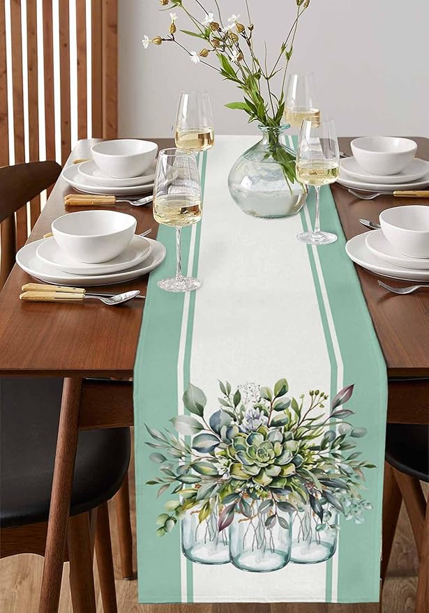 Eucalyptus Cotton Linen Table Runner for Dining Kitchen, Wedding Outdoor Party Tablerunners Decoration, Green Leaves Botanical Plants Watercolor Dresser Scarf Coffee Tablecloth Runners 13x48 Inches