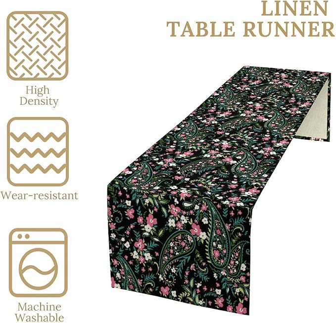 Paisley Table Runner, Abstract Vintage Boho Pink Paisley Flowers Green Teal Leaves Print Table Runner for Dinning Holiday Party Indoor Outdoor Decor, 13x120inch