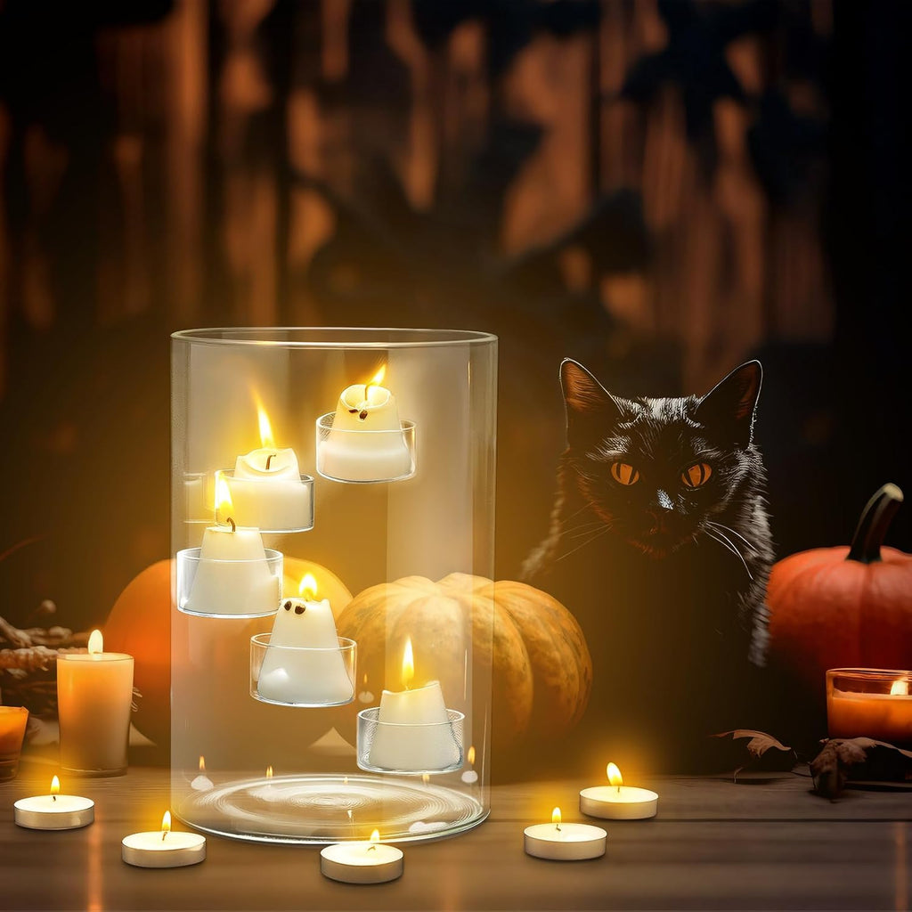 Reallnaive Halloween Glass Hurricane Candle Holder with Candles and Tea Light Clear Cylinder Pillar Candle Holder for Halloween Table Centerpiece Decorations (13 Candles,Single Style)