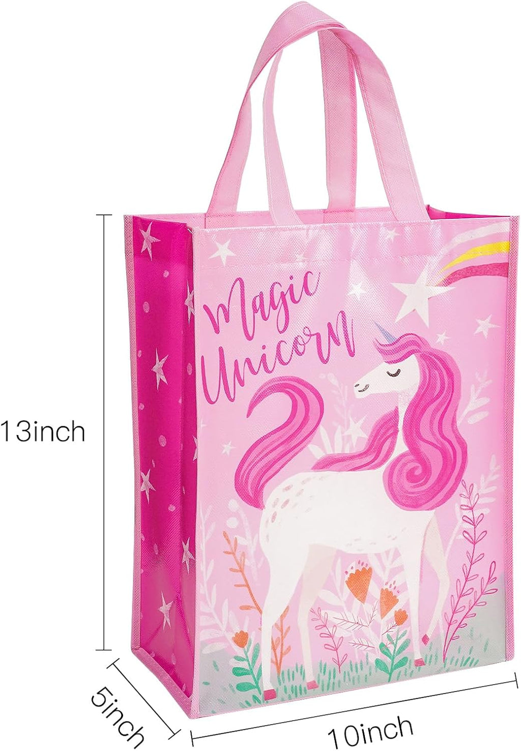 Loveinside Unicorn Reusable Gift Bag, Pink Magic Unicorn and Stars Design Medium Recycled Pink Gift Bag for Girls, Kids, Birthday, Baby Shower, Party Favor, 10" x 5" x 13", 1 Pcs