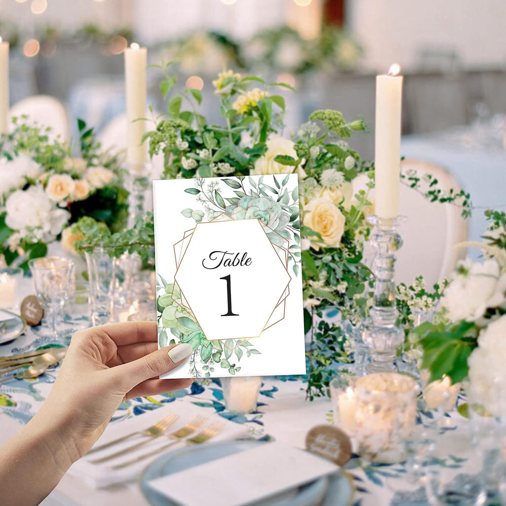 26 Pieces Wedding Table Numbers Cards 1-25 with Head Table Numbers - Eucalyptus Geometric Double Sided 4x6in - Table Numbers for Wedding Reception/Party/Event