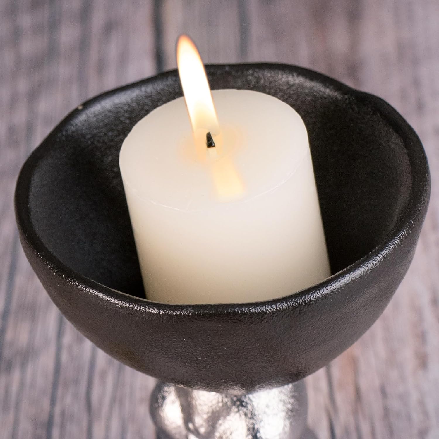 KAMMAK Ceramic Candle Holder with Silver Rabbit Figurine Base -Matte Black Scalloped Bowl Pedestal Stand for Pillar Candles, Animal-Inspired Design Black Rabbit High-Foot Bowl Candle Holder