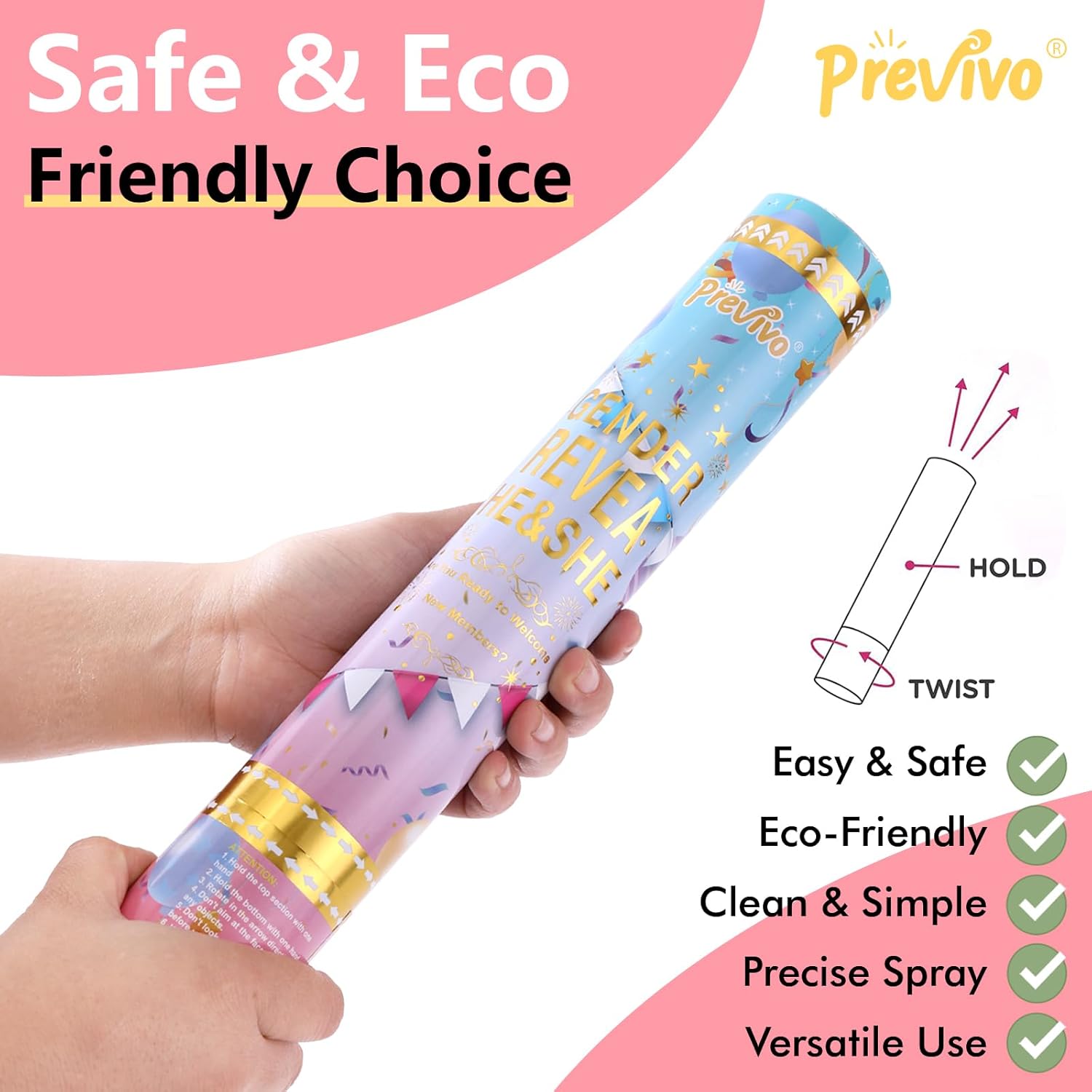 Previvo Gender Reveal Confetti Powder Cannon - 2 Pack Pink Baby Gender Reveal Poppers - 100% Biodegradable Powder Smoke - Baby Party Supplies