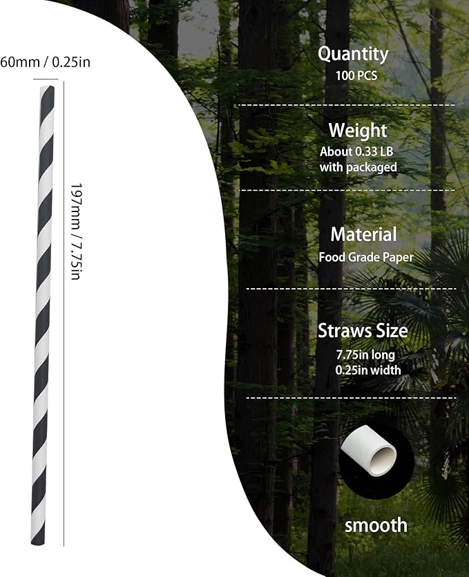 Biodegradable Black Striped Paper Straws, Pack of 100 Disposable Black White Stripes Paper Drinking Straw for Restaurants, Juices, Smoothies