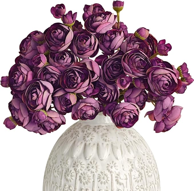 Letjolt Ranunculus Artificial Flower 18 Pcs Purple Silk Ranunculus Wedding Bouquet Engagement Centerpieces Arrangements Bridal Shower Decorations Home Decor, Purple