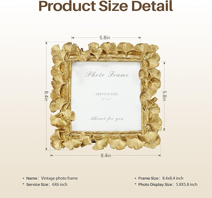 Cuspin Vintage Picture Frame 6x6 Gold Frames, Gold Ornate Leaf Textured Hand-Crafted Resin with Glass Front Antique Photo Frame for Tabletop Display, Retro Design Home Decor