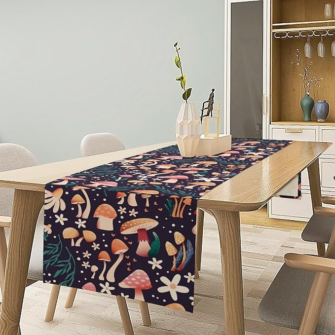 Mushroom Table Runner,Retro Forest Plant Table Cloth Farmhouse Kitchen Dining Table Decoration for Home Party Decor 13x36 Inch