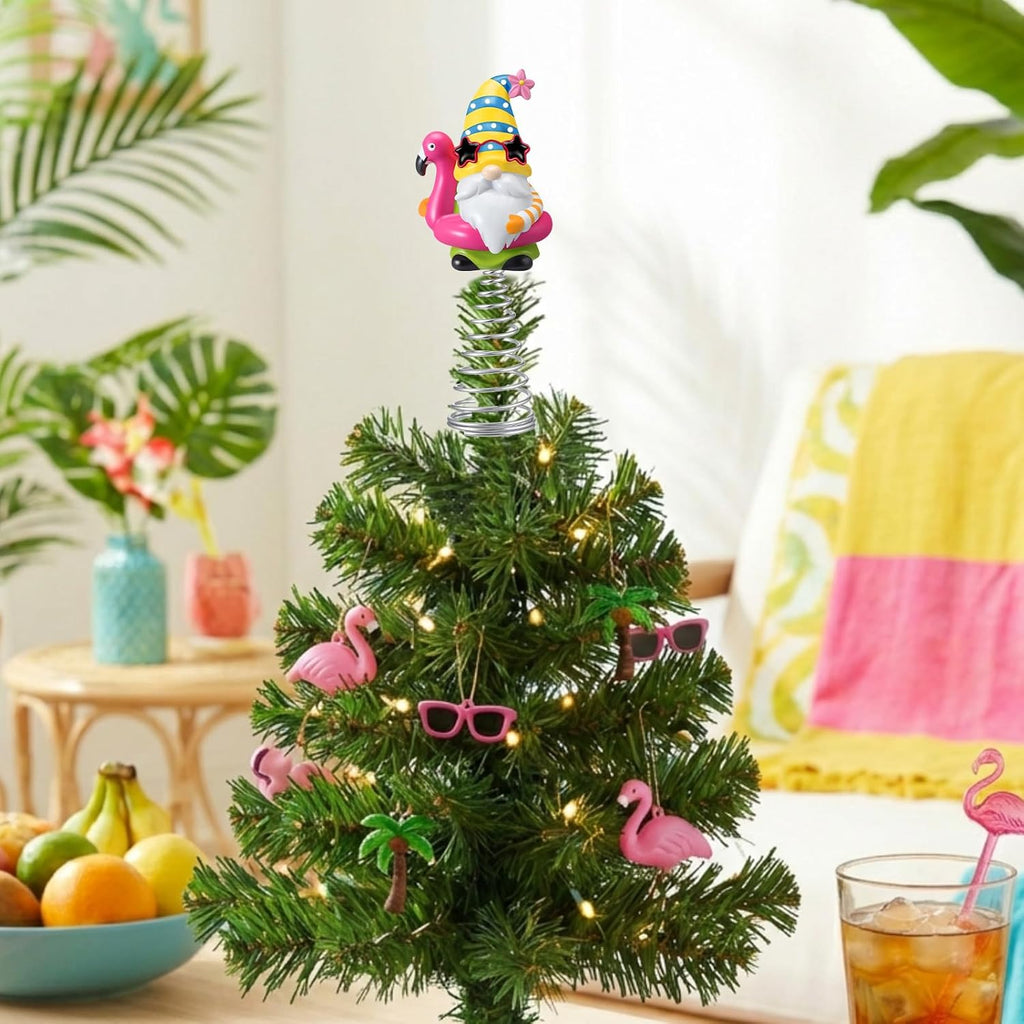 Gejoy Summer Flamingo Gnome Mini Tree Topper 5.1 Inch Tropical Beach Gnome with Spring Base, Mini Summer Tree Top Decorations for Luau Hawaiian Party Tiered Tray Tabletop Decor