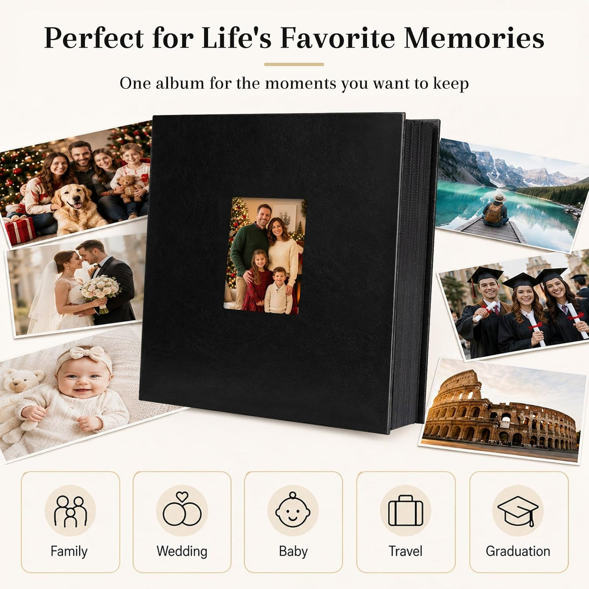 Aevdor Large Capacity 4x6 Photo Album, 1000 Photos, Leather Cover, Black
