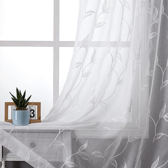 VISIONTEX White Sheer Voile Curtains, Decorative White Embroidery Faux Linen Rod Pocket Window Drapes for Home Kitchen, Living Room and Bedroom 54 x 72 Inch, Set of 2 Curtain Panels