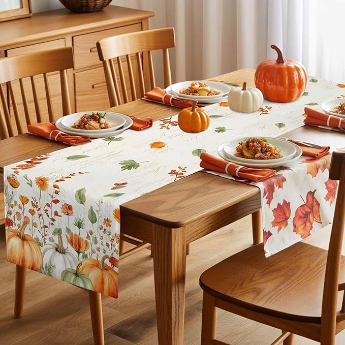 Fall Wildflowers Cotton Linen Table Runner for Dining Kitchen, Thanksgiving Pumpkin Outdoor Party Rustic Tablerunners Decoration, Botanical Floral Vintage Dresser Scarf Tablecloth Runners 13x48 Inches