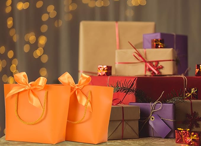 HUAPRINT Gift Bags with Handles,Party Favor Bags with Bow Ribbon,12Pcs Orange Paper Bags for Birthday Wedding Bridesmaid Present Celebration Holiday
