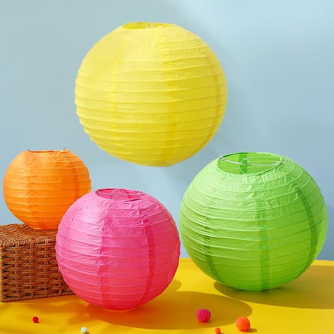 Riakrum 16 Pcs Neon Themed Paper Lanterns Birthday Party Decorations Mixed Size 6'' 8'' 10'' 12'' Colorful Chinese Hanging Paper Lanterns for Wedding Home Decorations Supplies