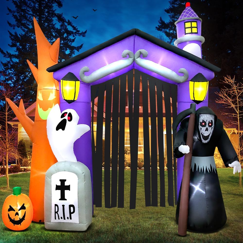 9FT Halloween Inflatables Haunted House Castle Archway Decoration with Led Li...